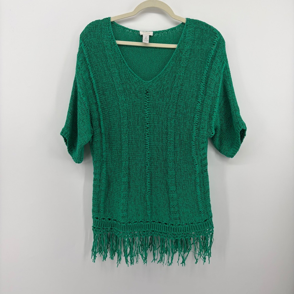 Chicos Sweater Green Womens Size Large V-Neck Fringe Hem Open Knit Short‎ Sleeve